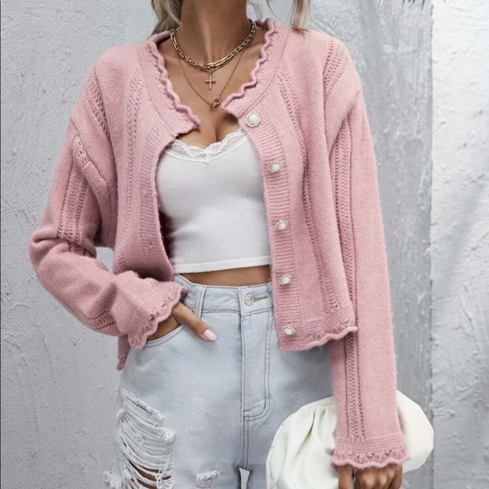 Trendy Granny Cardigan Knit Sweater Pink Pearl - Picture 1 of 5